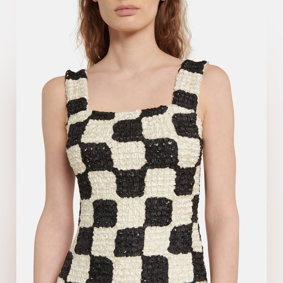Nanushka Najya Black Cream Checked Square Neck Recycled Ribbons Mini Dress M - Picture 2 of 16